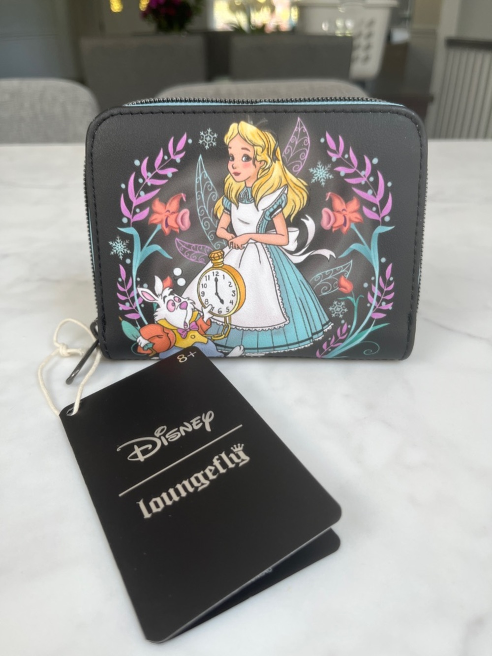 Loungefly Black Alice in Wonderland Zip Wallet with Teal and Pink Accents